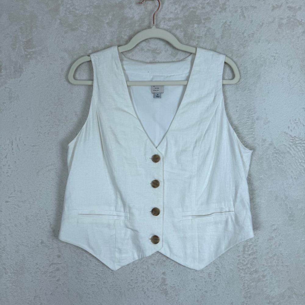 Linen Blend Vest White Coastal Grandma Old Money Chic Minimalist Preppy‎ Size M